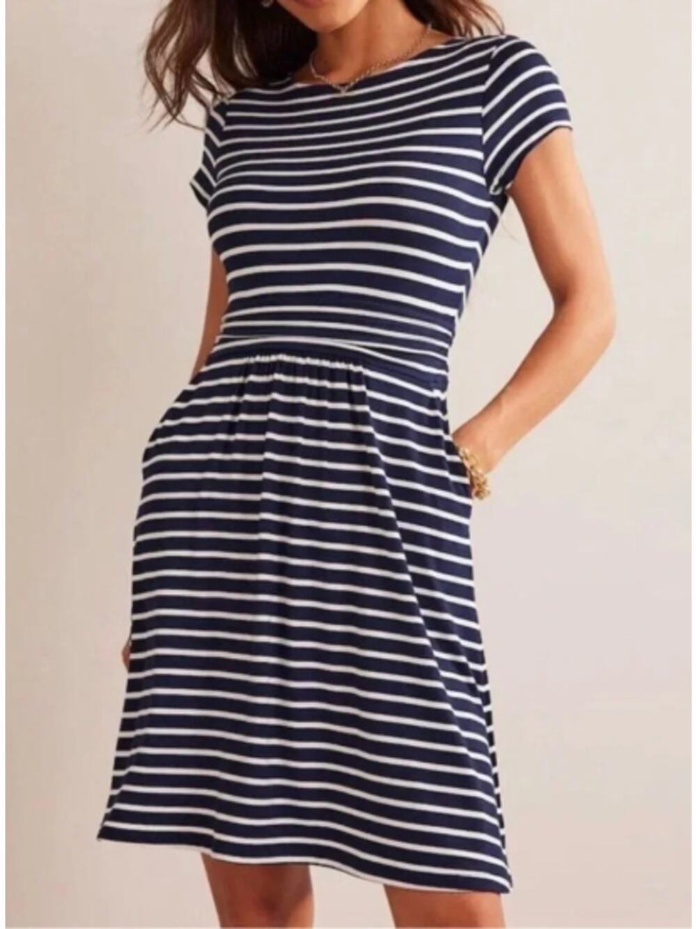 Boden Amelia Jersey Knit Dress Blue White Stripe Short Sleeves Pockets 6R